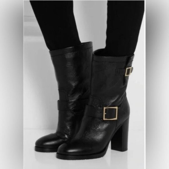 Jimmy Choo Dart Biker Buckle Black Leather Combat Boot Women Size 37.5 - Picture 13 of 13